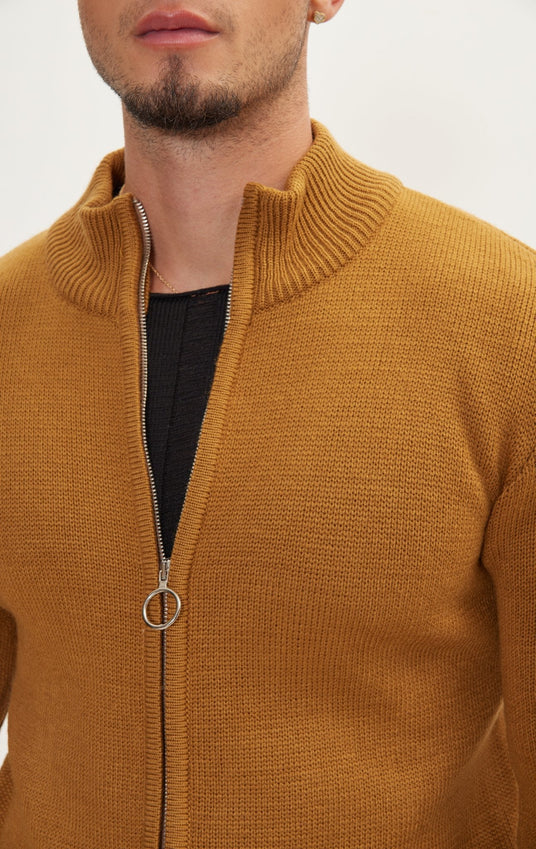 Zipper Up Cardigan - Mustard